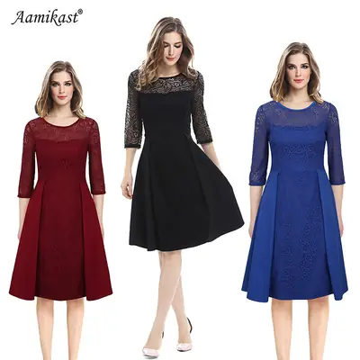 Blue Lace Mid-Sleeve Dress for Women