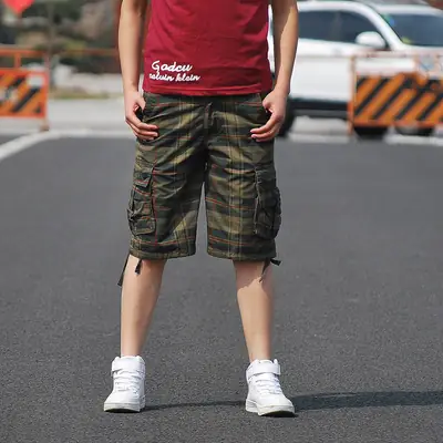 Men Plaid Cargo Shorts Large 5-Pocket Design
