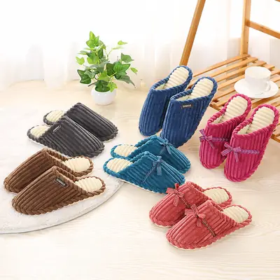 Autumn and Winter Non-Slip Men's and Women's Winter Warm Home Shoes with Bowknot Corduroy Plush Handmade Cotton Slippers with Added Fleece