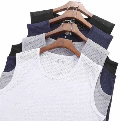 Men's White Mesh Sleeveless Vest Round Neck Summer Wear
