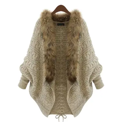 Knitted Fur Collar Sweater Coat for Women