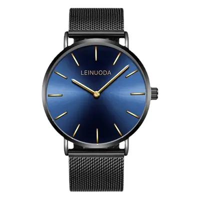 Men's Black Quartz Watch with Leather Band