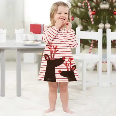 Girls Christmas Striped Long Sleeve Deer Dress Set