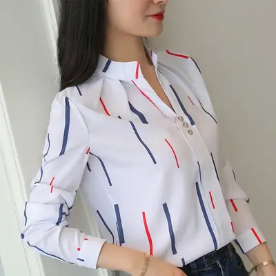 Women's 2024 Printed Long Sleeve Blouse White Black Geometric