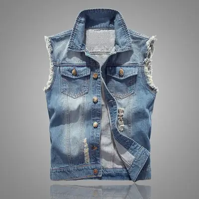 Men's Slim Fit Light Blue Denim Vest with Fringe Details