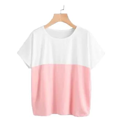 Women Loose Sleeve T-Shirt Grey Pink Round Neck Summer Wear