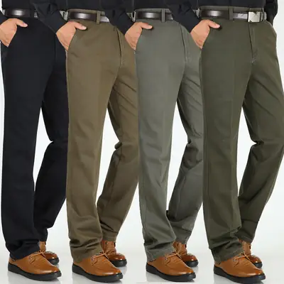 Thick Men's Cotton Casual Pants Olive Green High Waist