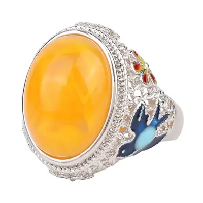 Turkish Blue Enamel Ring with Orange Gemstone