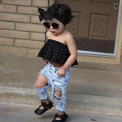 Black Polka Dot Summer Kids Denim Suit