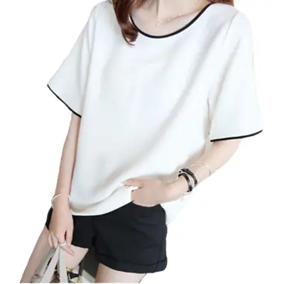 White Short Sleeve T-Shirt Round Neck Large Women