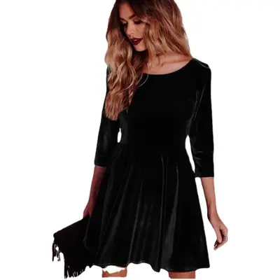 Gold Velvet Long Sleeve Dress for Women