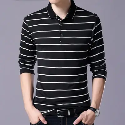 Men Cotton Striped Slim Fit T-Shirt Black White