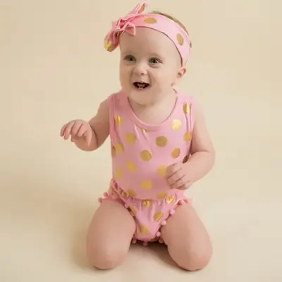 Pink Polka Dot Cotton Romper with Headscarf Set