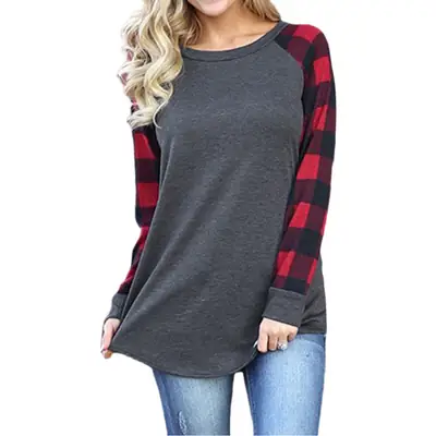 Women Plaid Color Block Long Sleeve T-Shirt Top