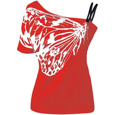 Women Off-Shoulder Butterfly Print T-Shirt White