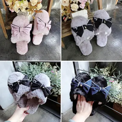 Women Handmade Bow Slippers Small Fresh Imitation Wool