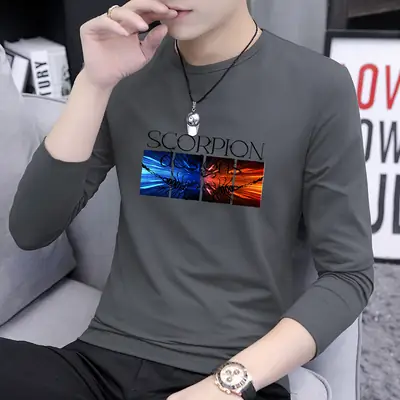 Autumn Men Printed Crewneck T-Shirt Grey Slim Fit