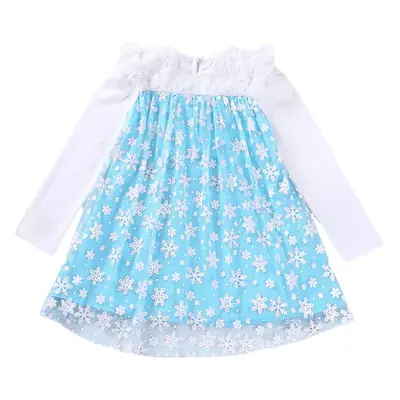 Children's Embroidered Lace Dress Blue White Long Sleeve