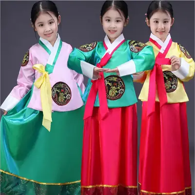 Girl's Korean Traditional Dress Blue Red Performance Dance Suit
