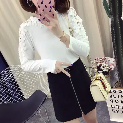 Women Long Sleeve T-Shirt Black Loose Lace Hollow Out