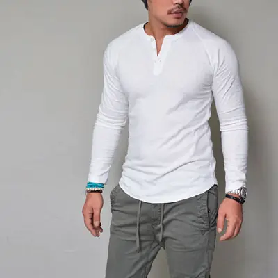 Men's White Round Neck Long Sleeve T-Shirt 2017