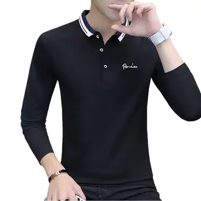 Men Black Thickened Fleece Polo Shirt Long Sleeve