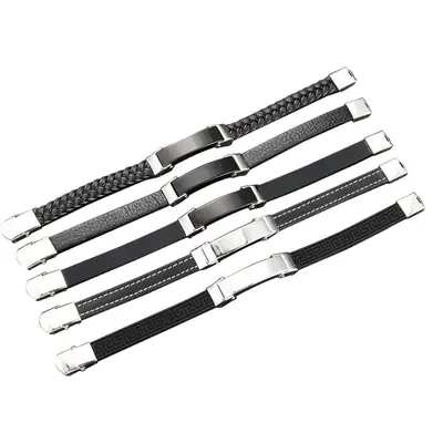Black Titanium Steel Braided Leather Bracelet Set