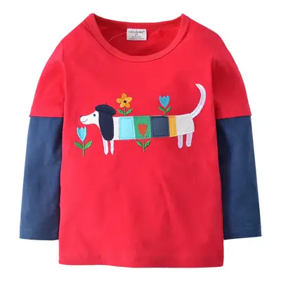 Autumn Winter Kids Long Sleeve T-Shirt Red with Alpaca Design