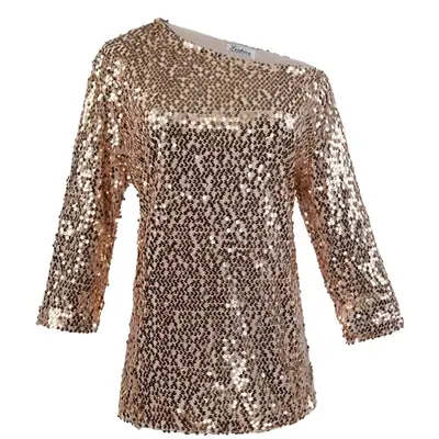 Women Sequin Slant Shoulder Mid Sleeve T-Shirt