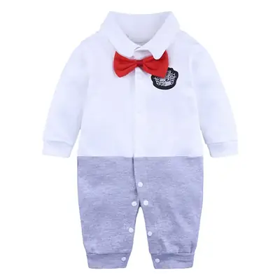 Baby Cotton Suit White Grey Bowtie Long Sleeve