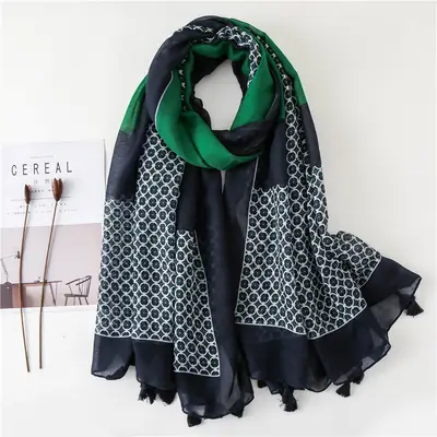 Black Silk Scarf with Green Dot Tassels