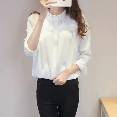 White Long Sleeve Lace Collar Shirt for Women