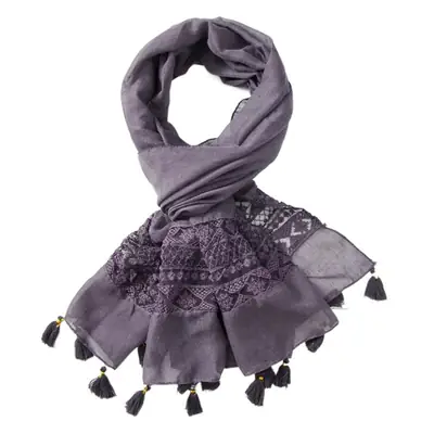 Black Embroidered Silk Scarf with Tassels