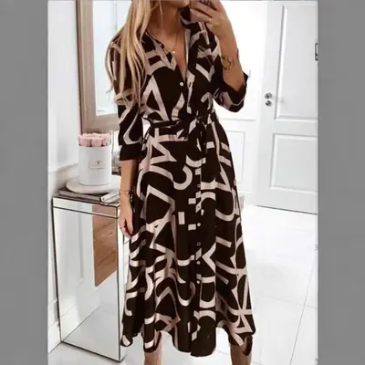 2022 Printed V-Neck Long Sleeve Dress for Women