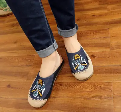 Soft Bottom Facial Mask Peking Opera Ethnic Men's Linen Straw Bottom Casual Shoes Breathable Slippers Straw Shoes