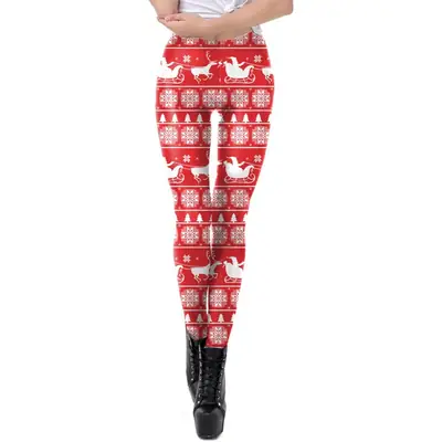 2024 Digital Printed Elastic Leggings Women Red Floral