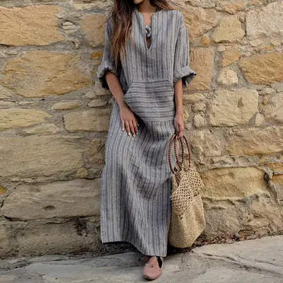 Green Striped Cotton Long Dress for Women