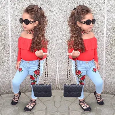 Children Red Top Off-Shoulder Rose Denim Trousers Set