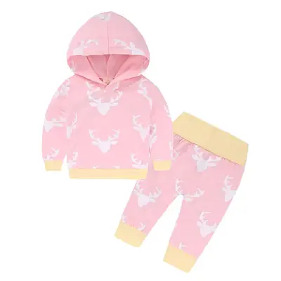 Pink Deer Print Hoodie & Pants Set for Baby