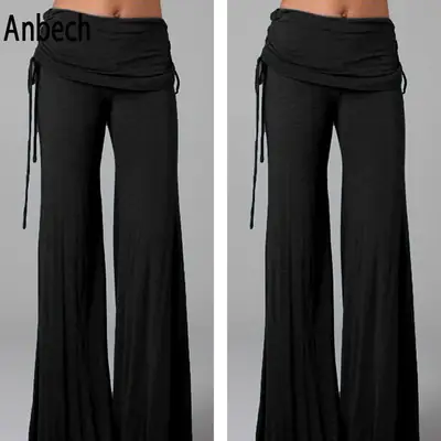 Black Wide Leg Bell Bottom Pants with Tie Waist