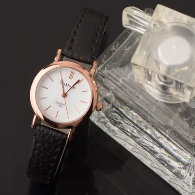 Women Rose Gold Watch Black Leather Strap