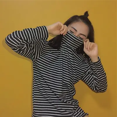 Women Striped Long Sleeve T-Shirt Black White High Neck