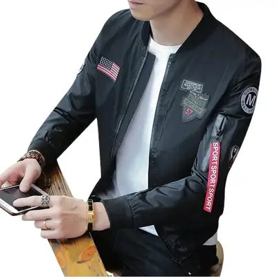 Men's Navy Blue Air Force Style Bomber Jacket with American Flag Patch