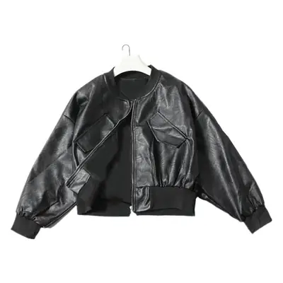 Women Leather Zipper Jacket Black Long Sleeve Casual