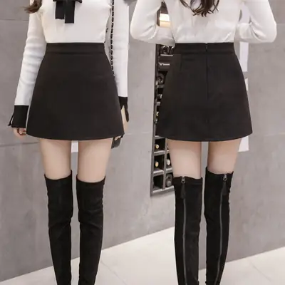 Black Woolen One-Step Skirt High Waist Slimming