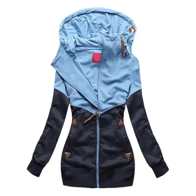 Women's Color Block Hooded Sweatshirt with Double Zipper
