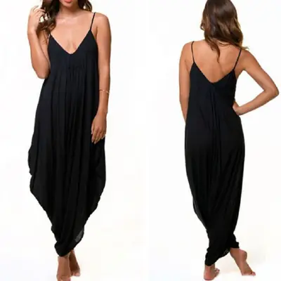 Black V-Neck Suspender Jumpsuit for Women