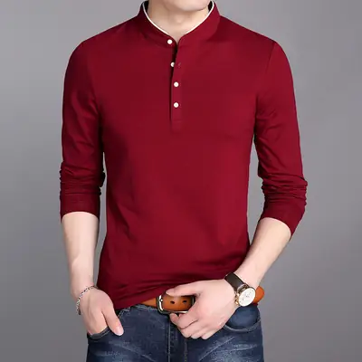 Men Maroon Button Collar Long Sleeve T-Shirt