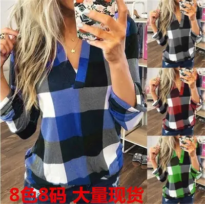 Cross-Border Plaid V Neck Long Sleeve T-Shirt Women