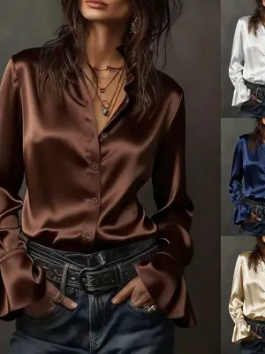 Women Satin Long Sleeve Shirt Brown 2026